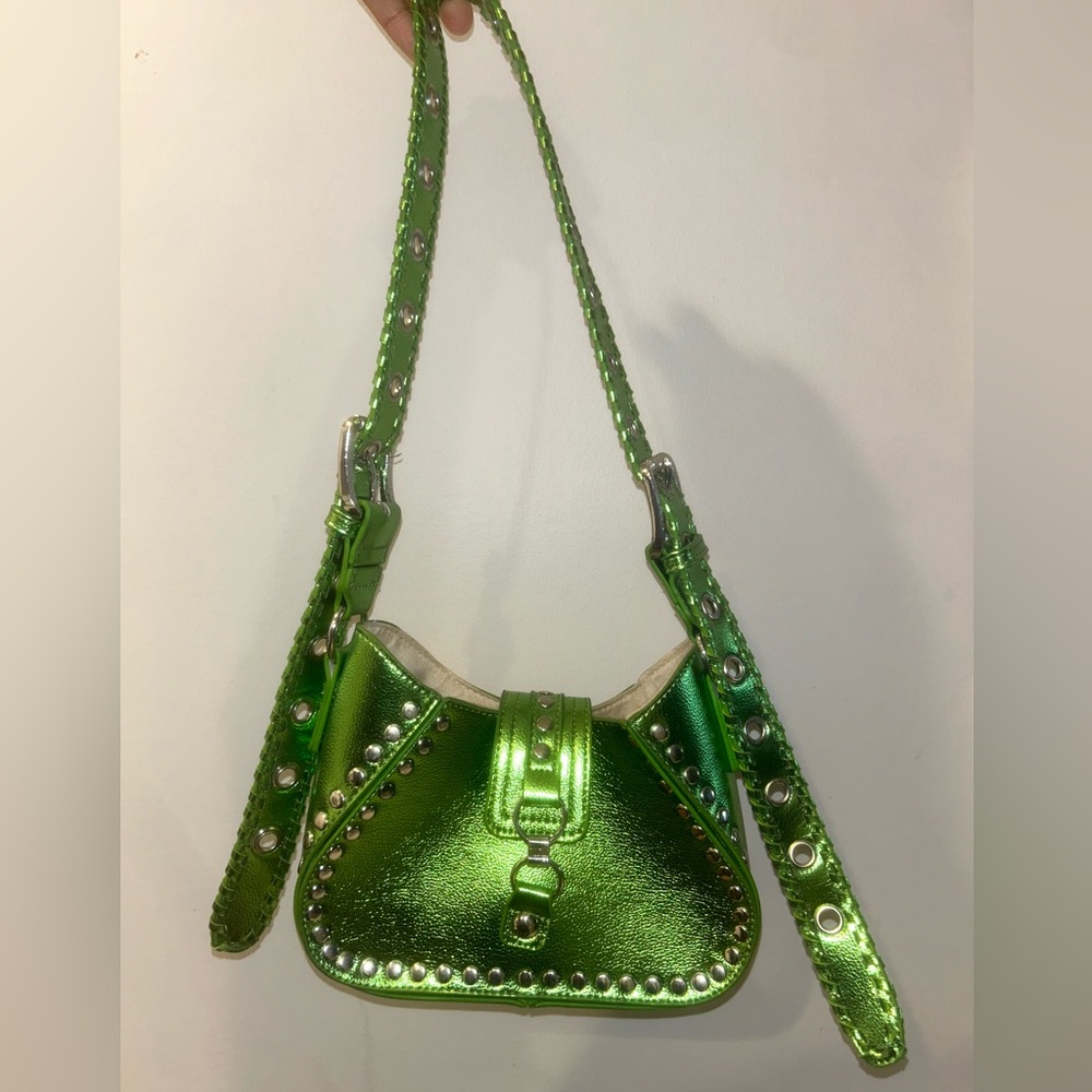 metallic green studded shoulder bag